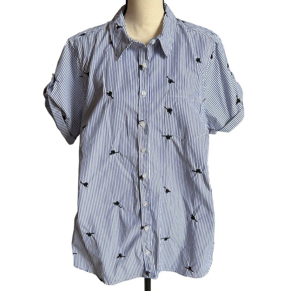 Westport Blue & White Striped Button-Up Blouse with Black Bird Embroidery